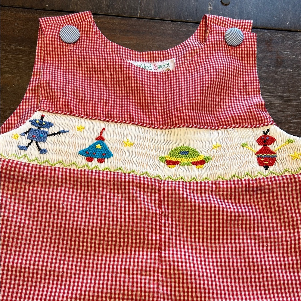 Sprinkled Sweet Smocked Space Men Red Checked Romper